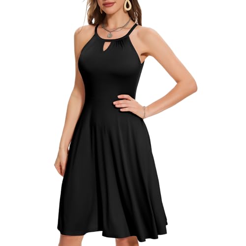 Image of JOYSHAPER Built in Bra Summer Dress Casual Beach Sundress Flowy Halter Dress with Pockets