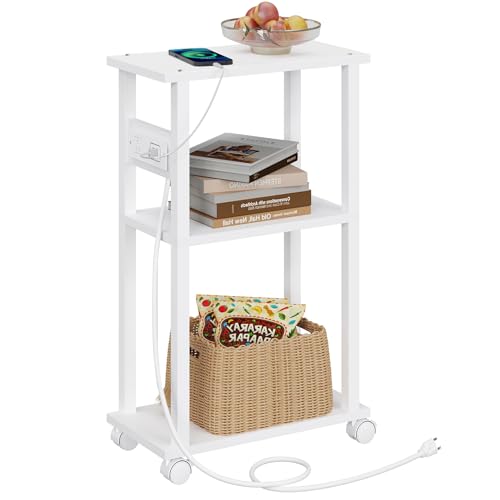 Image of TUTOTAK Small Narrow Side Table with Charging Station, Skinny End Table for Small Spaces, Slim Nightstand with USB Ports and Outlet, Sofa Beside Table with Wheels, White TB01BW046