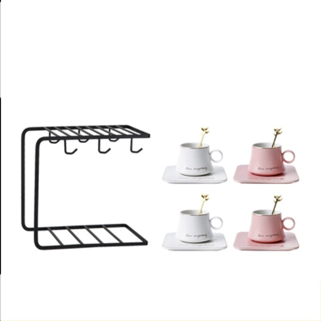 Juego de Tazas de té Juego de Tazas de té con platillo, Taza y Cuchara con Soporte de Metal Tazas de café de cerámica para café Moka Juego de Tazas de café(White+Pink-4 pcs)