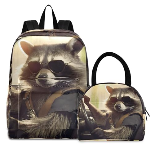 Backpack Lunch Box Set Large Capacity Travel Backpacks and Insulated Lunch Bag for Commute Hiking Picnic Raccoon Drive Print
