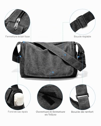 VENATIN Sacoche Homme Bandouliere,VintageToile Sac Bandoulière avec Bandoulière Réglable,Sac Besace Femme,Messenger Bag pour Travail ou Vie Scolaire 15.6 Pouces Sacoche PC Portable Noir – vue 5