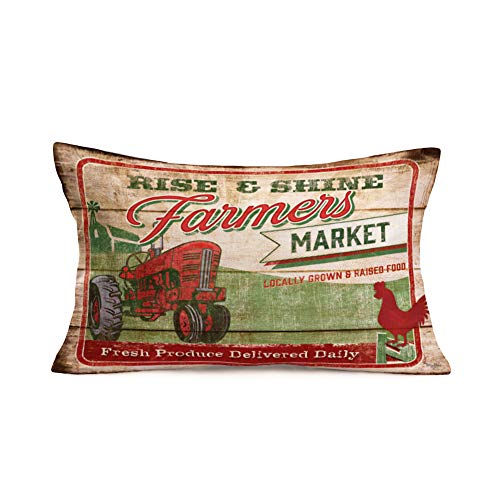 Doitely Vintage Retro Tractors Red Farm Farming Vehicles Rise And Shine Farmers Market Lettering Cotton Linen Throw Pillow Covers Farmhouse Home Sofa Decorative Cushion Cover 12X20 Inches #TOP13
