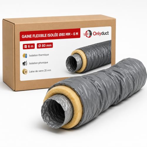 Onlyduct - Gaine Clim et Ventilation VMC Isolée diamètre 80mm 6m - Isolant Laine de Verre 25mm - Sans Phtalate - Conduit PVC vinyle Flexible Vmc Simple et Double Flux - Qualité Européenne