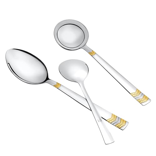 Image of FnS 3 Pcs Stainless Steel Serving Spoon Set | 24 Karat Gold Plated | 1 Large Serving Spoon, 1 Large Veg Serving Spoon & 1 Ladle | Kitchen Serving Utensils for Home, Dining, Restaurant & Hotel (Raga)