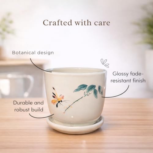 Image of Urban Upvan Green Leaf Design Printed Ceramic Pot with Tray - Premium Decorative Planter for Indoor & Outdoor Plants, Modern Elegant Flower Pot for Home, Garden & Office