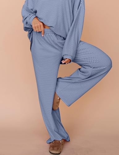Image of MISSACTIVER Women's 2 Piece Striped Lounge Set Long Sleeve Oversized T-Shirt Wide Leg Pants Matching Pajamas Set