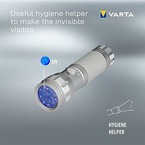 VARTA UV Taschenlampe LED inkl. 3x AAA Batterien, UV Light, zum Prüfen & Verifizieren Banknoten, Fingerabdrücken, Hygienehelfer, zum Erkennen von Schmutzrückständen & Urin von Haustieren