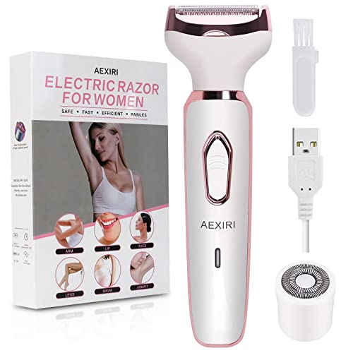 Electric Lady Shaver, AEXIRI 2 in 1 Electric Razor for Women Face Arm Leg Public Hair, Painless Bikini Trimmer Women,Rechargeable Cordless Portable Shaver with 3 Stainless Steel Blades and Float Head