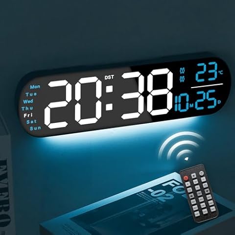 YUANRANER 13.7" Digital Wall Clock Large Display with Remote Control,Dual Alarm,Auto-Dimming,Big Digits,Auto DST Clock for Bedroom Living Room Decor with 9 Adjustable Ambient Night Lights-Blue Cover