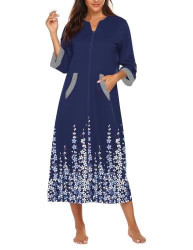 Image of Ekouaer Robes for Women Zipper Robe 3 /4 Sleeves Housecoat with Pockets
