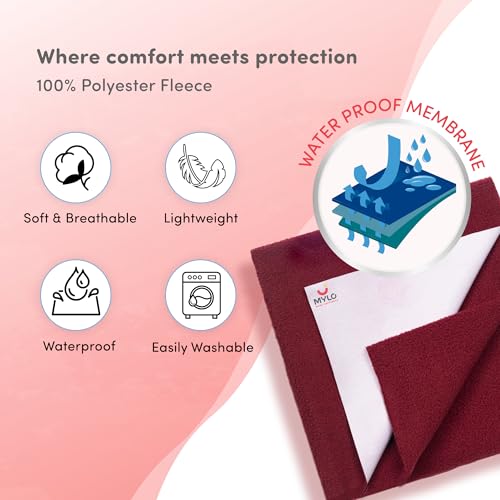 Image of Mylo Baby Waterproof Mattress Protector for Baby (0-3 Years), Extra Absorbent, Soft and Reusable Quick Dry Sheets (Medium, 100cm x 70cm, Maroon)