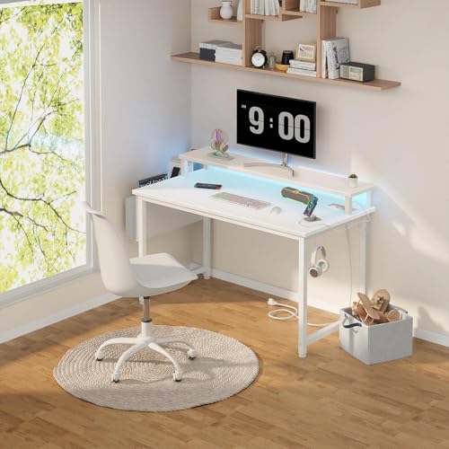 Image of Lufeiya Small White Desk with LED Lights and Power Outlets, 32 Inch Home Office Computer Desks with Monitor Stand, Teen Writing Study Table Gaming Desk with Charging Station, White