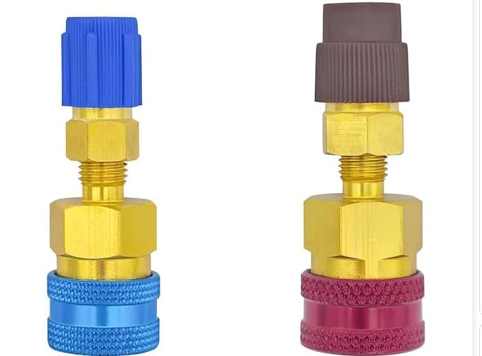 2 Piezas Adaptador R1234yf a R134a, Kit de Recarga Aire Acondicionado Coche, Acoplador Rápido de Latón Lado Alto/Bajo para Evacuación y Mantenimiento Sistema de Refrigerante CA del Automóvil