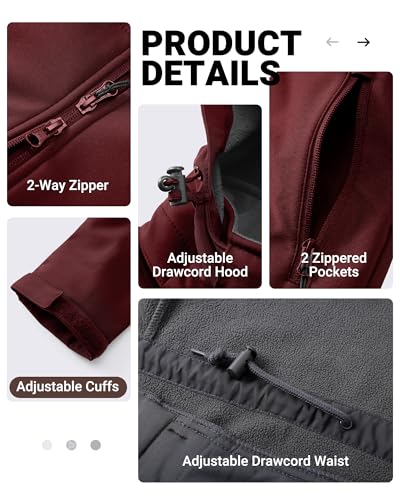 Outdoor Ventures Damen Softshell Lange Jacke mit Kapuze Fleece gefütterte Winddichte Jacke für Frauen Wasserdichte Windjacke Dunkelrot L