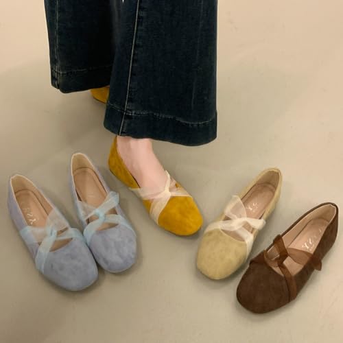Suede Flats for Women Casual Cross Strap Square Toe Flat Shoes Mary Jane Ballet Flats Shoes Comfortable Dressy Shoe 20254