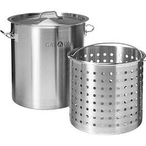GasOne Stainless Steel Stockpot with Basket – 100qt Stock Pot with Lid and Reinforced Bottom – Heavy-Duty Cooking Pot for Deep Frying, Turkey Frying, Beer Brewing, Soup, Seafood Boil – Satin Finish