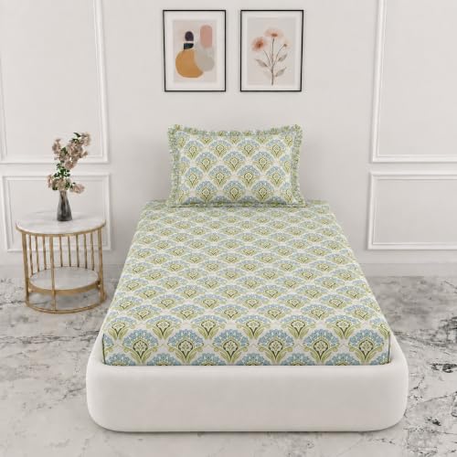 Image of VOMZER Single (36x72) 300 TC Soft Cotton Feel Microfiber All Around Elastic Fitted Single Bedsheet with 1 Frill Pillow Covers | Aqua Mint