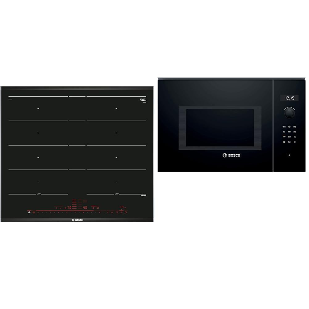 BOSCH - Placa de Inducción, 60 cm, Serie 8, FlexInducción, DirectSelect, PerfectFry, Negro, PXY675DC1E & Serie 6 BEL554MB0 - Microondas integrable, 382 x 594 x 388 mm, Potencia 900 W