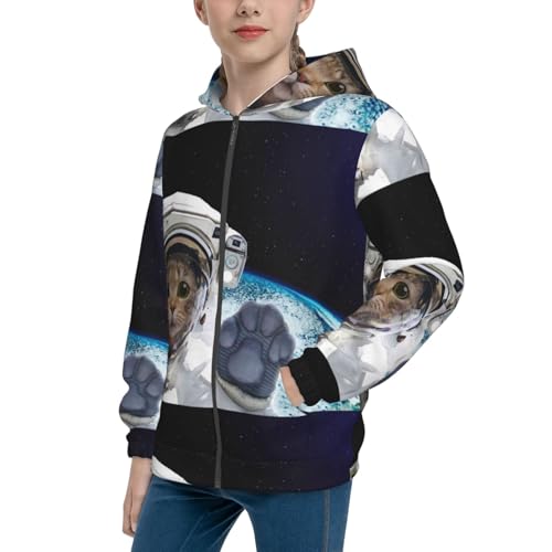 Cat Astronaut Kids Pullover Hoodies Boys Zip Up Sweatshirts Girls Athletic Clothes with Pocket