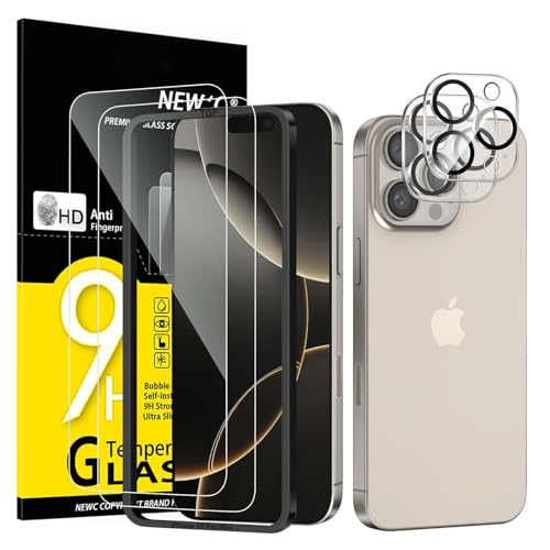 Image of NEW'C 2 Pack for iPhone 16 Pro Screen Protector (6.3 inches) + 2 Pack Camera Lens Protector, Sensor Protection, Case Friendly Tempered Glass Film - Easy installation tool included