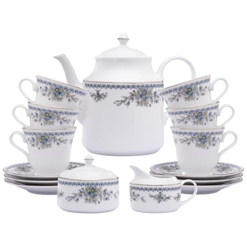Dankotuwa 15-Piece Luxury Porcelain Cup & Saucer Set for 6 w/ 50 fl oz Teapot | Chip-Resistant Dishwasher Safe | Elegant Floral Platinum Trim | Creamer & Sugar Bowl (15 Pc - Treasure Blue)