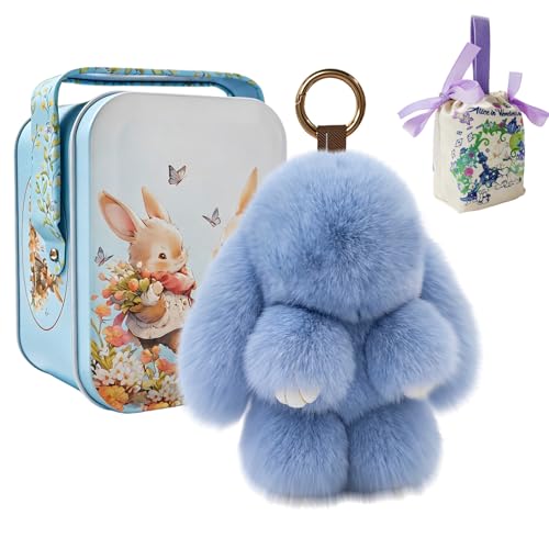 nnOuOnn Bunny Keychain in a Tin Pocket Cute Plush Fluffly Bunnies Keyring Rabbit Key Ring Easter Gifts for Women With Gift Box & Bags (Blue 15cm)