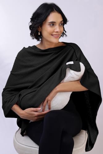 Image of Zelena Cotton Bamboo Blend Premium Nursing Cover for Breastfeeding | Breastfeeding Cover for Mothers | Feeding Shawl for Mother | Feeding Cloth | Breathable Nursing Covers | Poncho for Mom (Black)