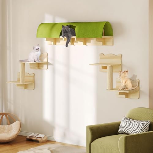 Homiflex Cat Wall Shelves, 7-in-1 Solid Wood Wall-Mounted Cats Furniture Set with Scratching Post, Cat Climbing Wall Systems with 40''L Tunnel, Steps, Cats Shelf Furniture