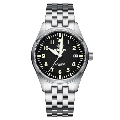 ADDIESDIVE Unisex Automatic Watches Diver 200M NH35A Movement Luminous Black Dial Stainless Steel Strap
