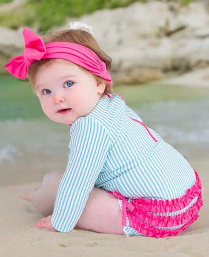 Image of RuffleButts Baby-Girls Seersucker Long Sleeve Rash Guard - One Piece Swimsuit UPF 50+ Toddler