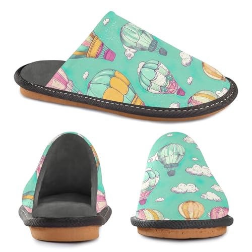 Cute Hot Air Balloon Green Memory Foam House Slippers for Grandma Mom, Slip On House Shoes for Women Size 4-54