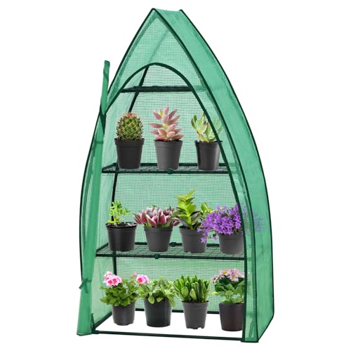 Image of EAGLE PEAK 4-Tier Mini Greenhouse Portable Green House with Shelves & Weather-Resistant PE Cover, Small Greenhouse for Seedlings & Gardening Gifts, 35x18x63 in, Clear /Green