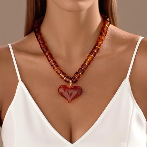 Y2k Large Acrylic Heart Necklaces for Women Chunky Puffy Heart Pendant Necklace Exaggerated Statement Love Beaded Choker Necklace Jewelry- Amber4