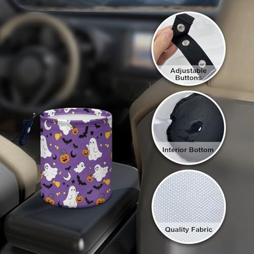 Image of Purple Ghost Bat Trash Can for Car Garbage Can for Back Seat Leak Proof with Adjustable Buttons Auto Accessories for Women Interior