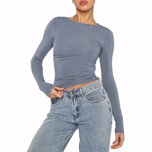 Mujeres Casual Crop Tops Slim Fit Top Cuello Redondo Manga Larga T-Shirt Basic Blusa tee Tops(Gray Blue-8,S)