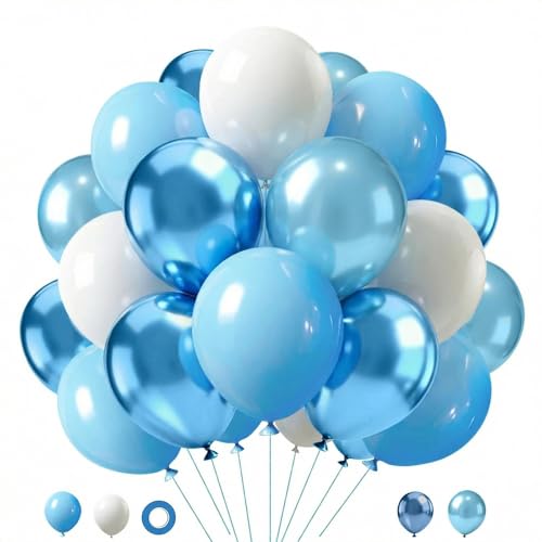Image of Blue and White Balloons,65pcs 12inch Different Shades Blue Balloon Pack | Light Blue,Metallic Blue, Pearl Blue, Matte White, Boys Birthday Bachelorette Party Graduation Bridal Baby Shower Decorations