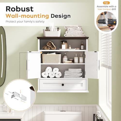 Image of Bathroom Wall Cabinet, Wall Mounted Medicine Cabinet 24.4 inchH x 23.6 inchW x 9 inchD | With Drawer, Barn Doors & Adjustable Shelf, White Over Toilet Farmhouse Storage Cabinet for Kitchen, Laundry Room, Entryway