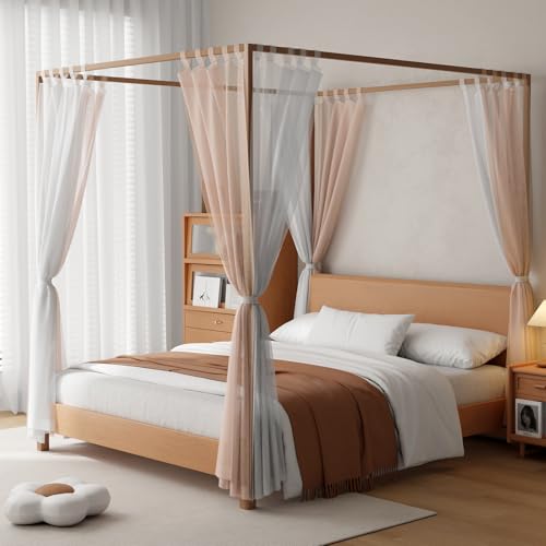 YRDKB Sheer Canopy Bed Curtains - Orange and White Mesh Bed Curtains Canopy All Bed Size Sheer Bed Canopy Curtains for Adults Bedroom Decoration(Twin?quuen?King?Full)