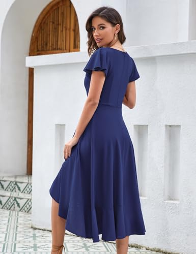 Image of HomRain V Neck Formal Wedding Guest Dresses for Women Ruffle Sleeves for Cocktail Graduation Modest Dress
