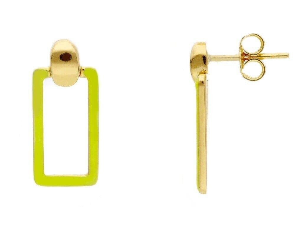 ORECCHINI PENDENTI IN ORO GIALLO, 750, 18K, CON RETTANGOLO GIALLO FLUO SMALTATO, LUNGHEZZA 22 MM