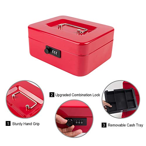 Image of KYODOLED Medium Cash Box with Combination Lock Safe Metal Money Box with Money Tray for Security Lock Box 7.87 inchx 6.30 inchx 3.54 inch Red Medium