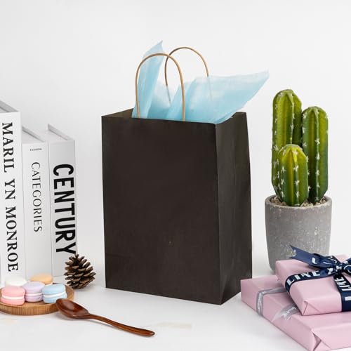 Image of Black Kraft Paper Bags 100 Pack 8x4.5x10.8 in with Handles | Recycled Kraft Paper, Reinforced Handles, for Boutique, Wedding, Retail, Small Business, Gift Giving, Eco-Friendly