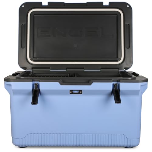 ENGEL 60 QT Ultra-Light Injection Molded Cooler - Ice Chest Keeps Ice up to 7 Days - Large Cooler Includes Wire Basket, Divider and Built-in Bottle Opener - Blue with Dark Grey Interior (Blue)
