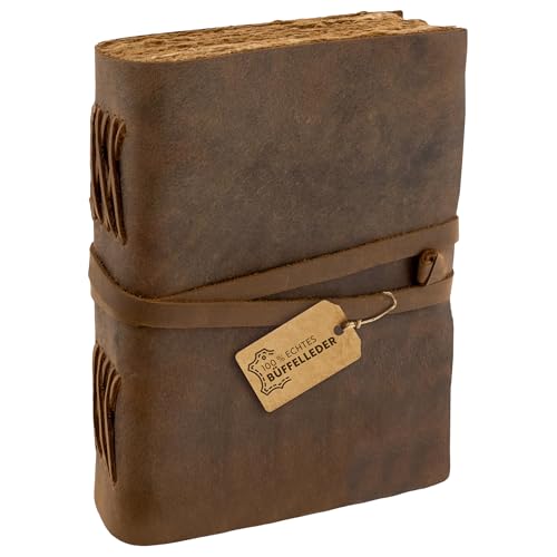 Vintage Leather Journal, 240 Pages Tree-Free Cotton Deckle Edge Paper, Blank Leather Bound Journal Book of Shadows, Antique Handmade Art Journal Old Style Notebook, MOONSTER® Leather Sketchbook 8"x6"