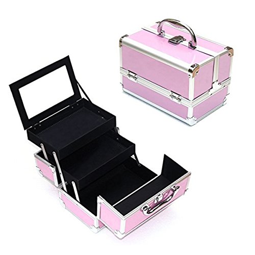 Ogima Cosmetic Makeup Train Case with Mirror Cover Board and Easy Clean Extendable Trays, Smooth(Small Pink)