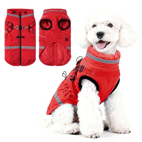 Poseca Hundemantel mit Geschirr Hundejacke mit Reißverschluss, wasserdichte Winterjacken für Kleine und Mittelgroße Hunde und Katzen
