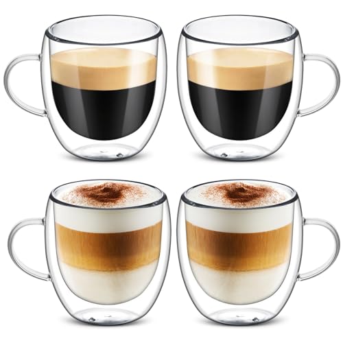 Lot de 4 tasses à café à double paroi de 250 ml avec anse - Verres à latte macchiato à double paroi - Résistants à la chaleur et au froid - Verres en verre borosilicate pour latte, thé, glace, lait