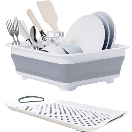 Collapsible Dish Drying Rack with Drainboard for Drying Dishes-Collapsible Portable Dinnerware -Organizer for Kitchen RV Campers Counter