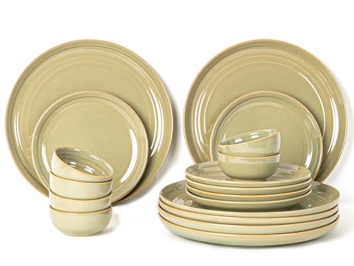Image of Bodhi House Handcrafted Chip Resistance Porcelain Dinner Set, 18 Pieces Dish Set Serving for 6, Microwave and Dishwasher Safe, Bone-ash Free, Crockery Set for Dining and Gifting, Olive Green