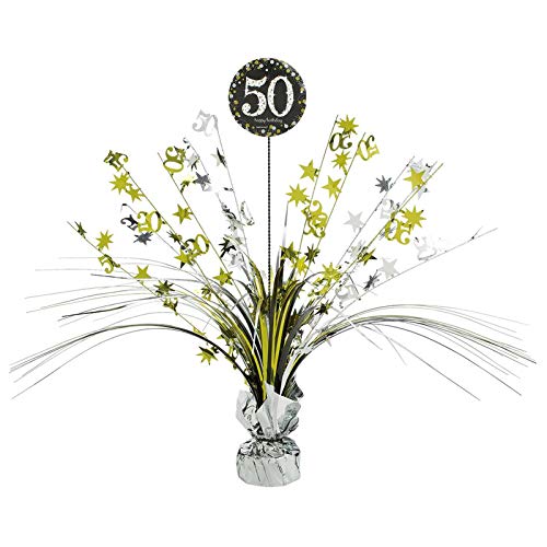 amscan 10132707 Centro de mesa de pulverização 50, ouro brilhante, 33 cm, 1 unidade, preto/prateado